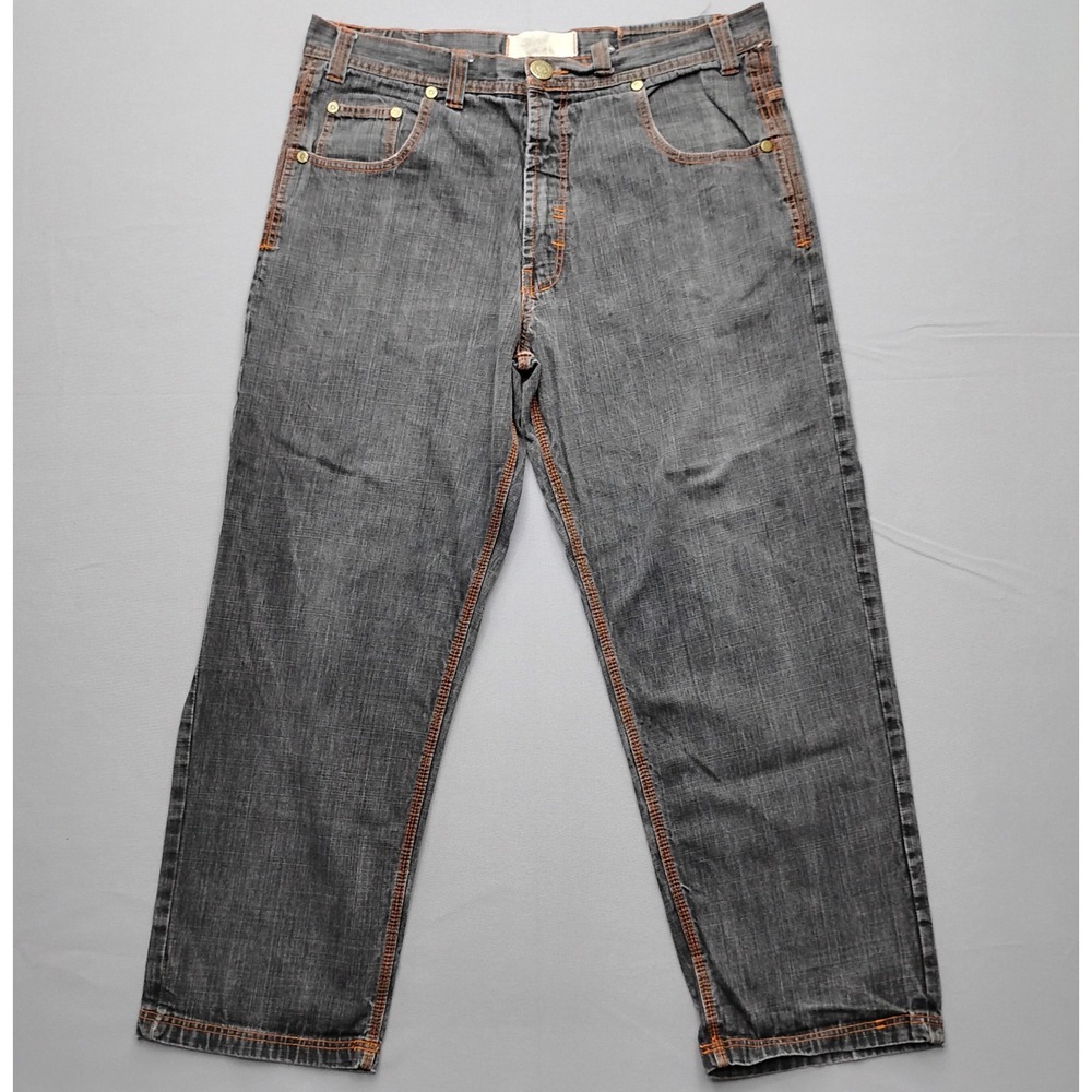 RR Mens Straight Leg Grey Denim Jeans Orange Stitch 42x32 Y2k Baggy